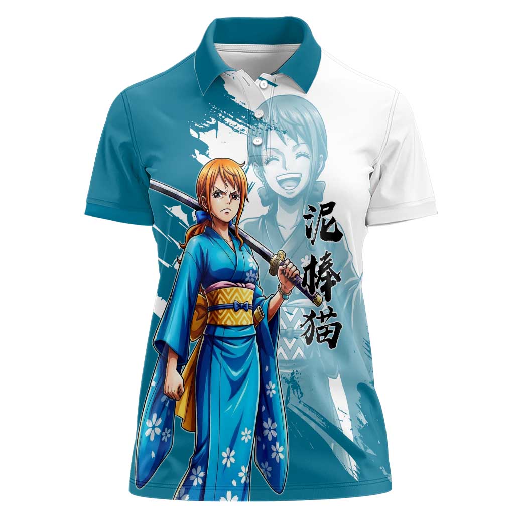 Wano Navigator Nami Women Polo Shirt Floral Kimono Anime Brush Art