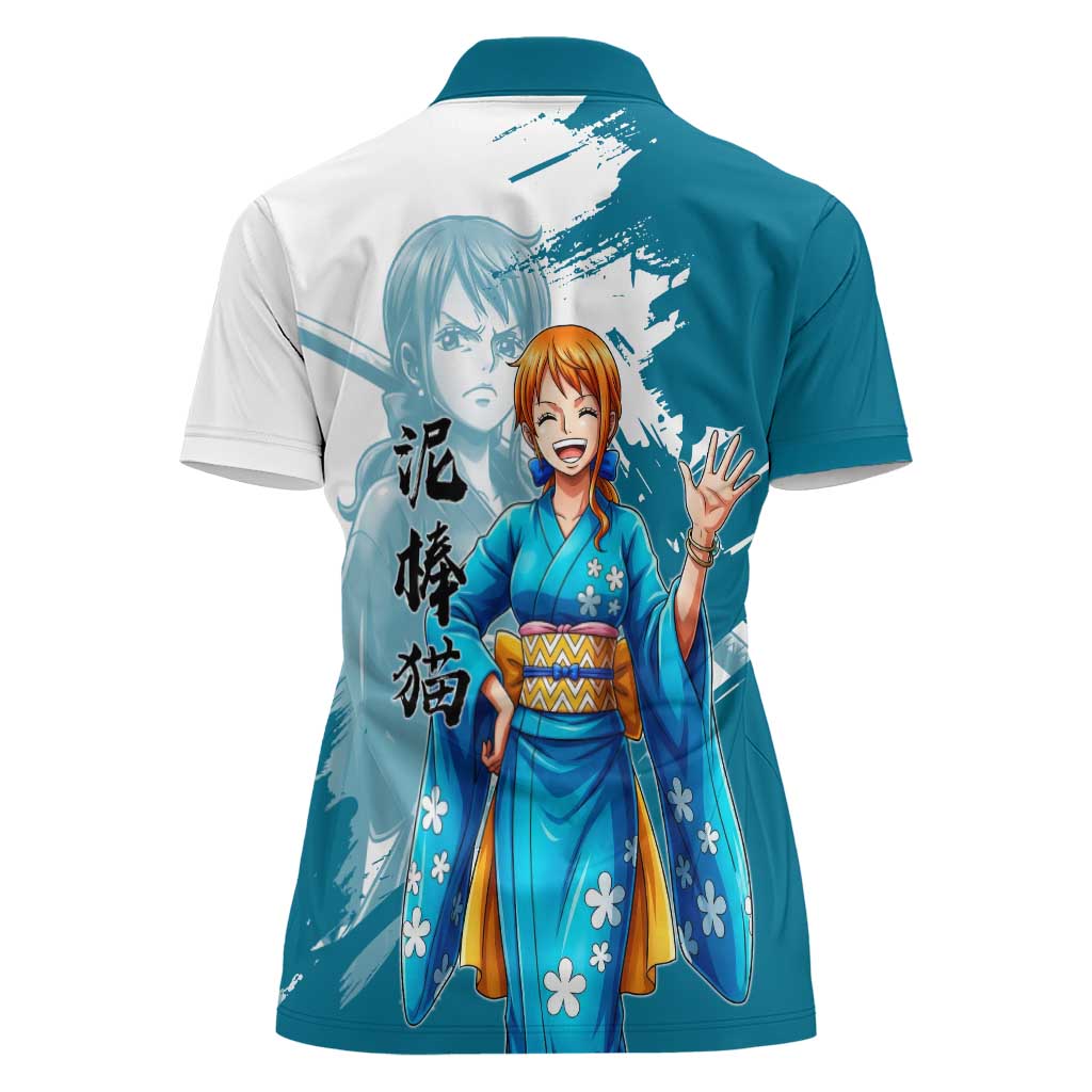 Wano Navigator Nami Women Polo Shirt Floral Kimono Anime Brush Art