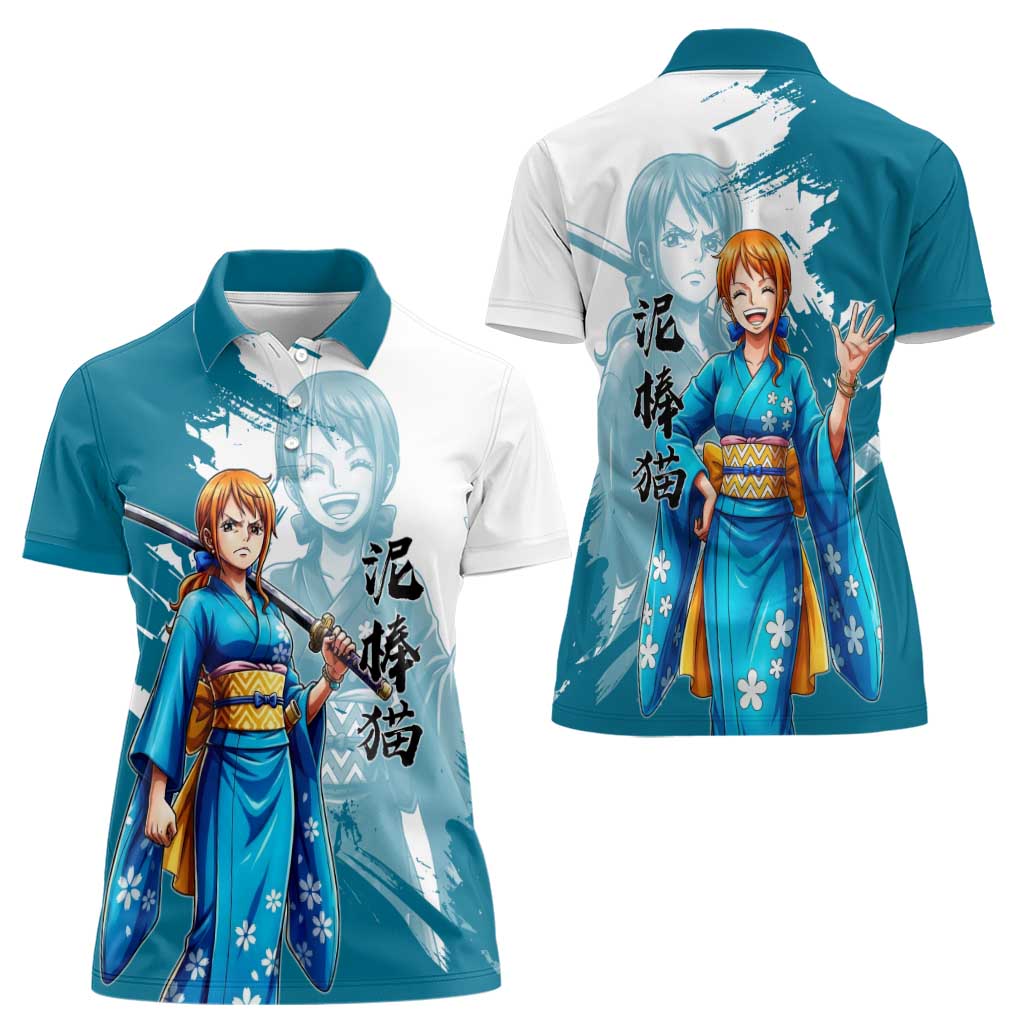 Wano Navigator Nami Women Polo Shirt Floral Kimono Anime Brush Art