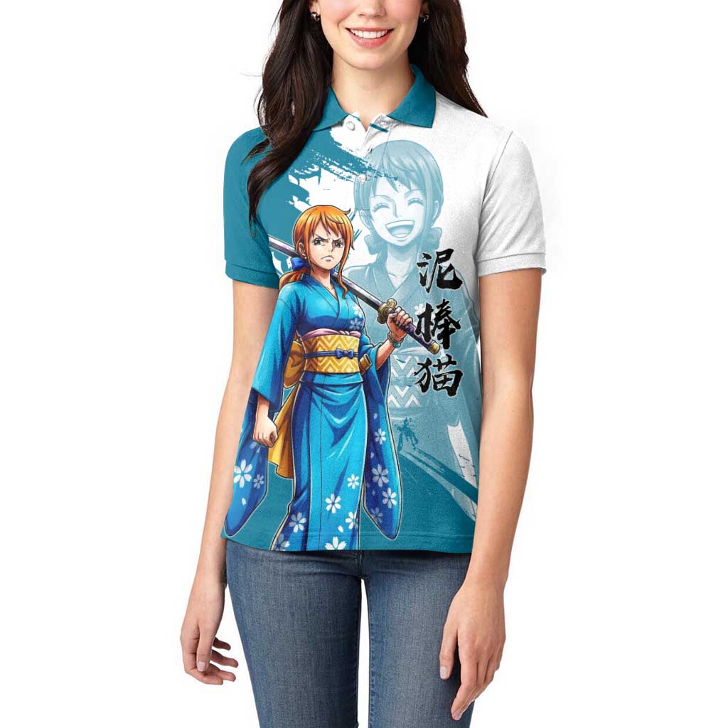 Wano Navigator Nami Women Polo Shirt Floral Kimono Anime Brush Art