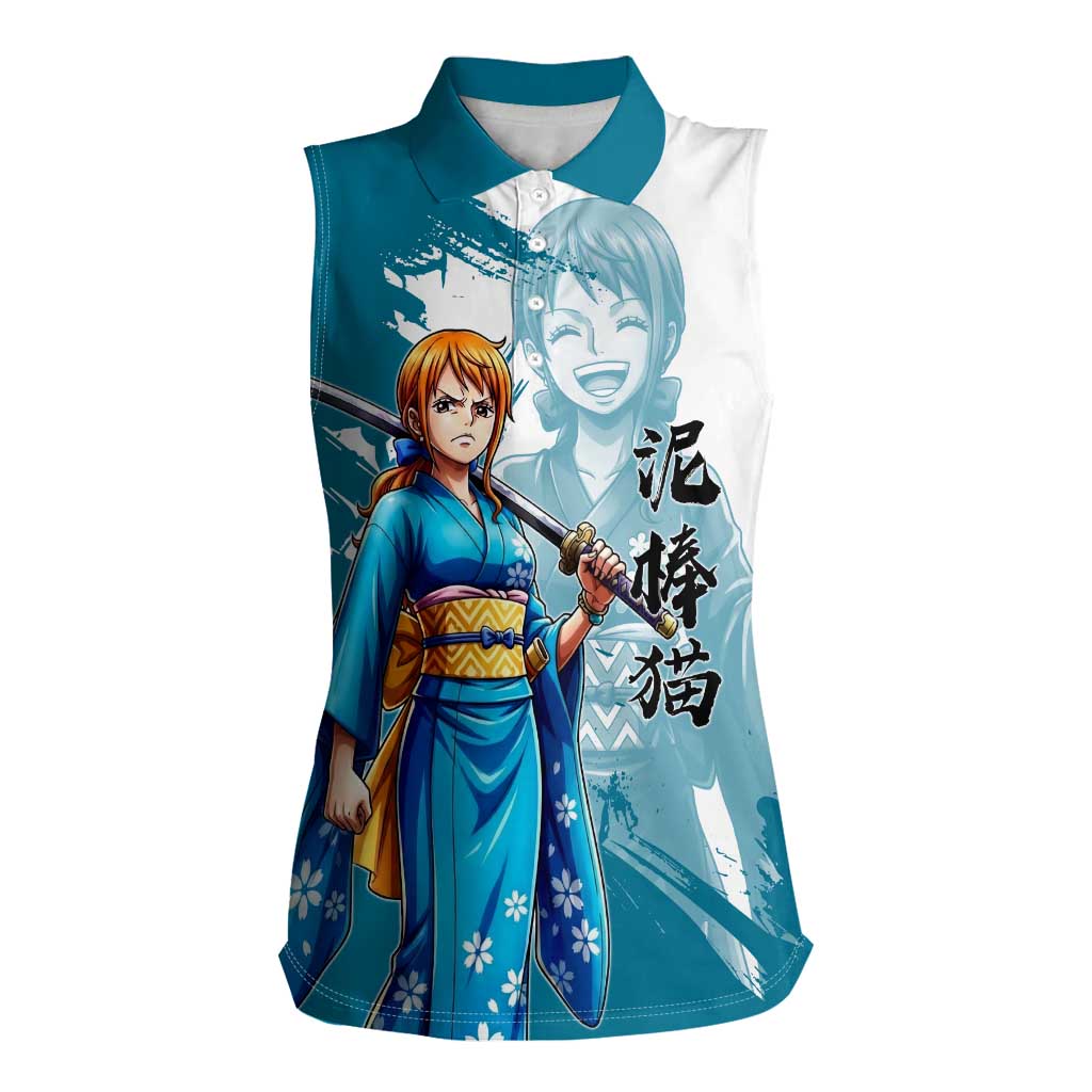 Wano Navigator Nami Women Sleeveless Polo Shirt Floral Kimono Anime Brush Art