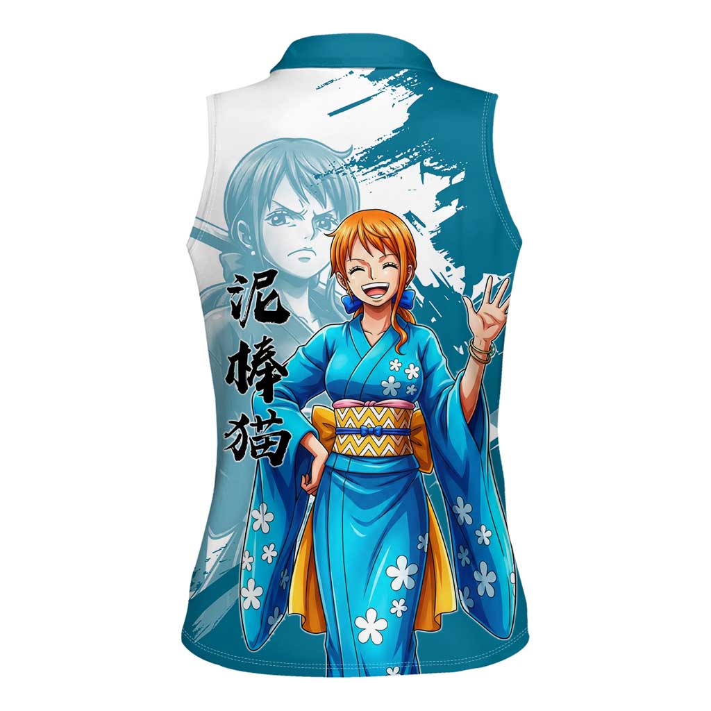 Wano Navigator Nami Women Sleeveless Polo Shirt Floral Kimono Anime Brush Art