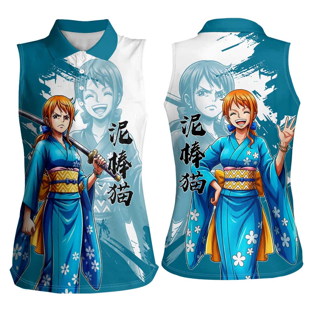 Wano Navigator Nami Women Sleeveless Polo Shirt Floral Kimono Anime Brush Art