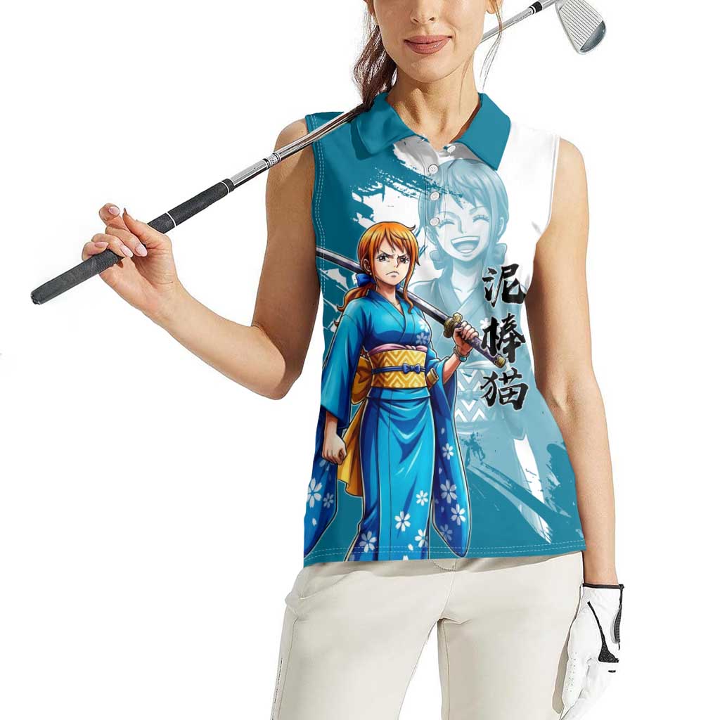 Wano Navigator Nami Women Sleeveless Polo Shirt Floral Kimono Anime Brush Art