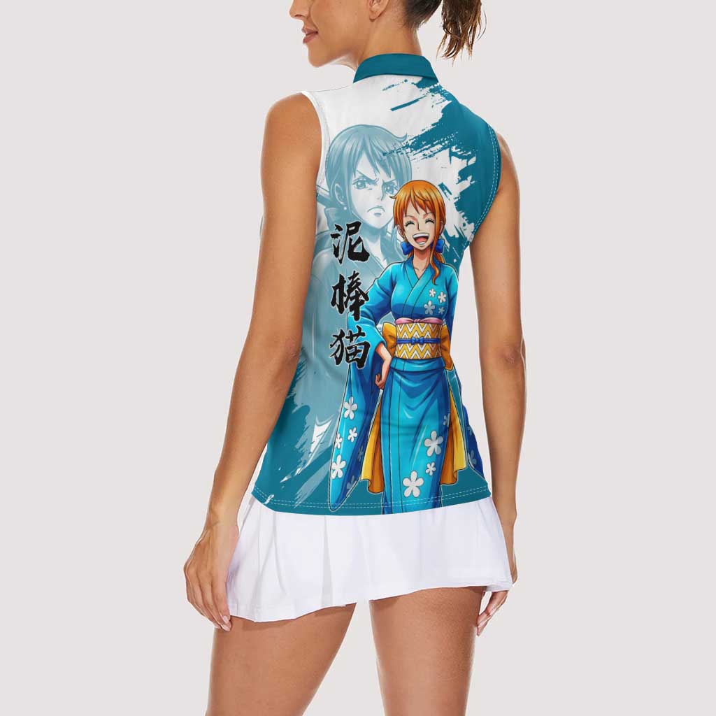 Wano Navigator Nami Women Sleeveless Polo Shirt Floral Kimono Anime Brush Art