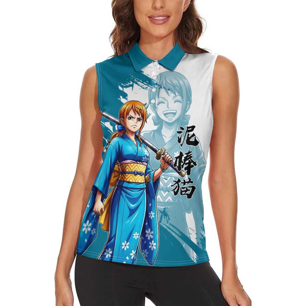 Wano Navigator Nami Women Sleeveless Polo Shirt Floral Kimono Anime Brush Art