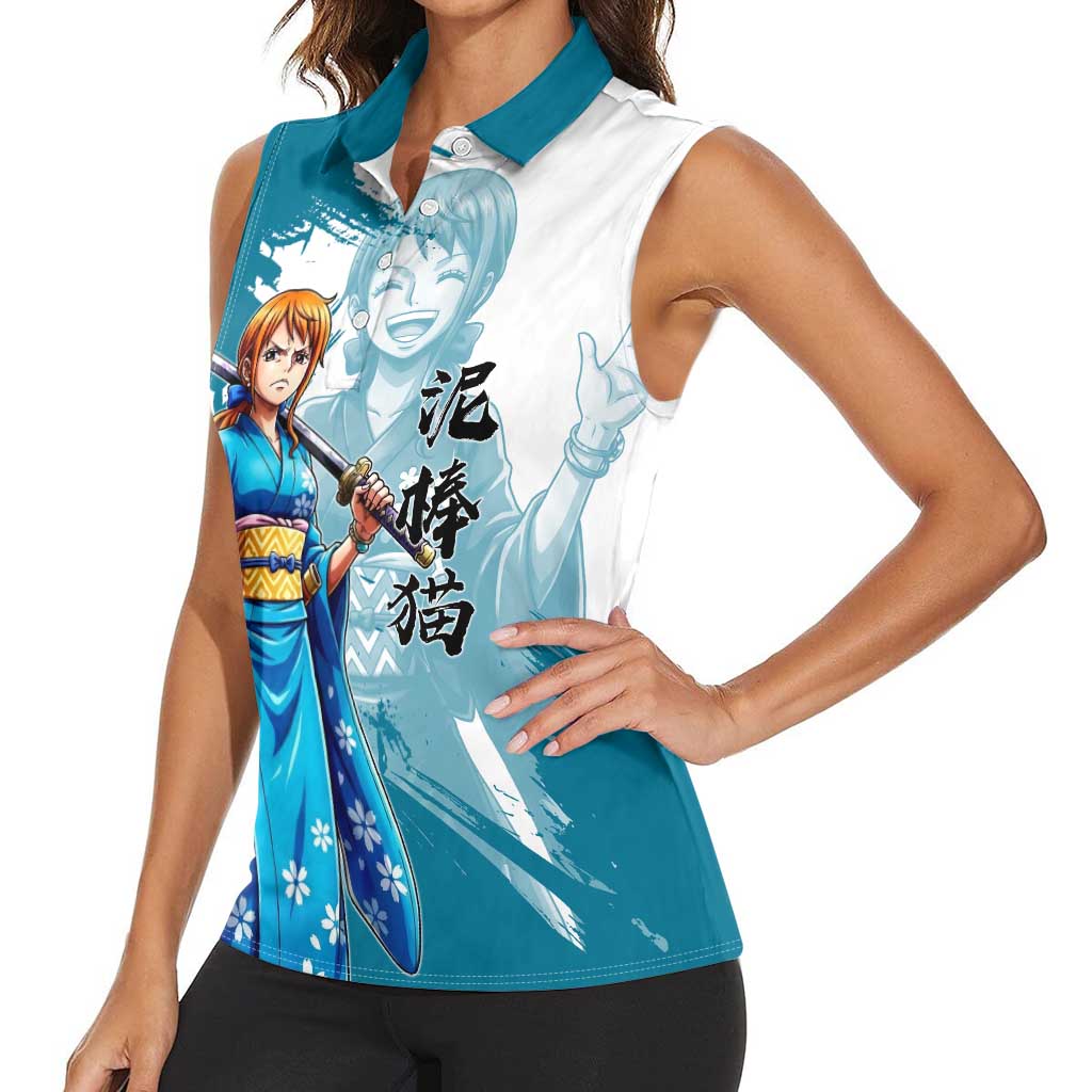 Wano Navigator Nami Women Sleeveless Polo Shirt Floral Kimono Anime Brush Art