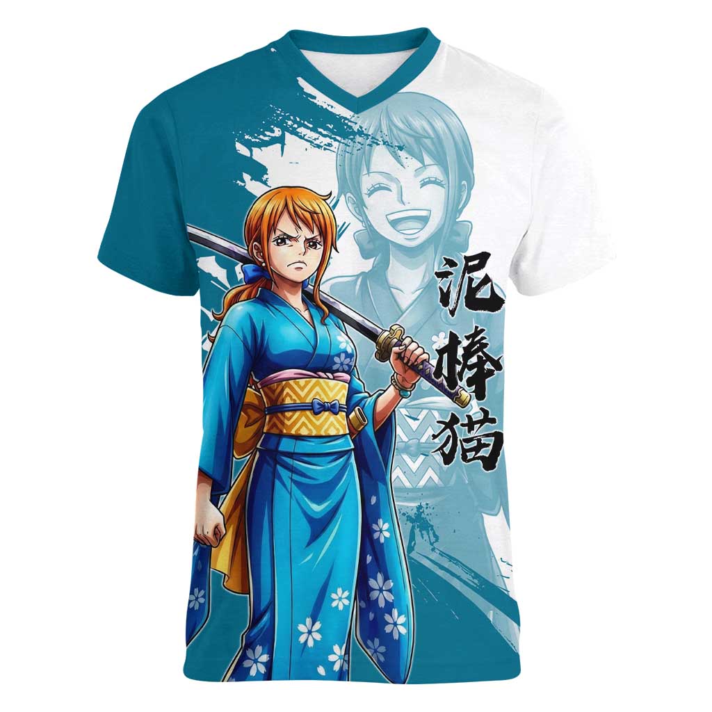 Wano Navigator Nami Women V-Neck T-Shirt Floral Kimono Anime Brush Art