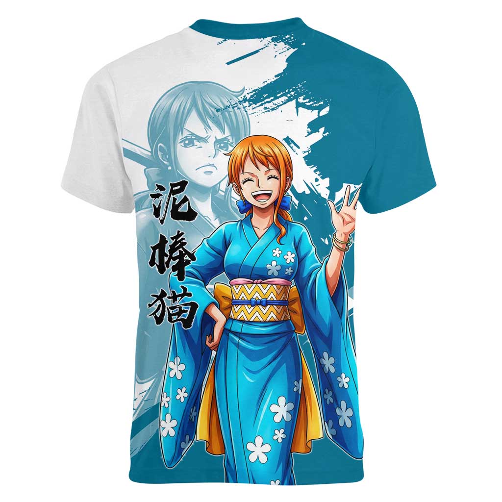 Wano Navigator Nami Women V-Neck T-Shirt Floral Kimono Anime Brush Art