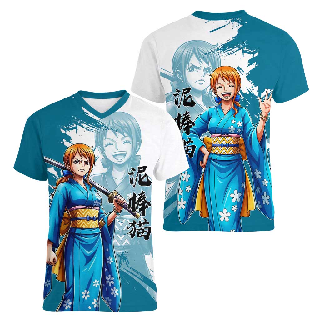 Wano Navigator Nami Women V-Neck T-Shirt Floral Kimono Anime Brush Art