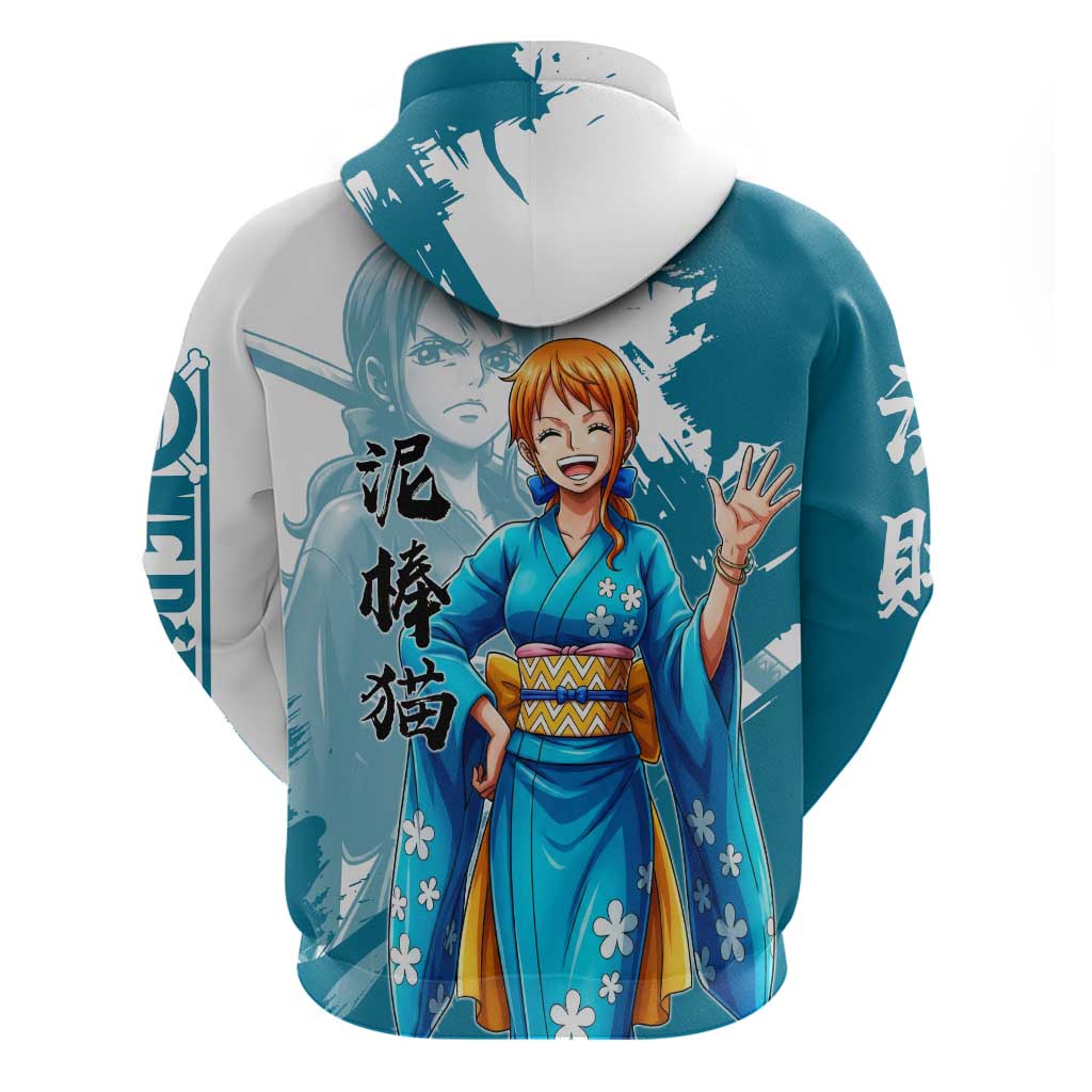 Wano Navigator Nami Zip Hoodie Floral Kimono Anime Brush Art