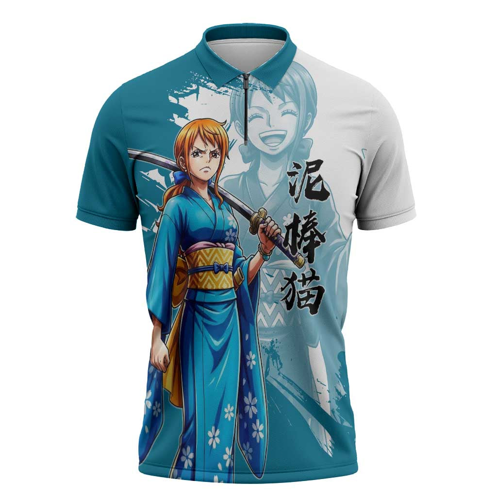 Wano Navigator Nami Zipper Polo Shirt Floral Kimono Anime Brush Art