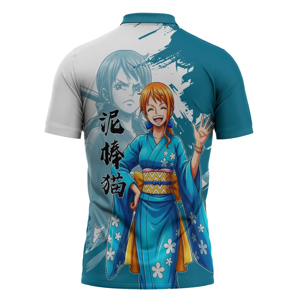 Wano Navigator Nami Zipper Polo Shirt Floral Kimono Anime Brush Art