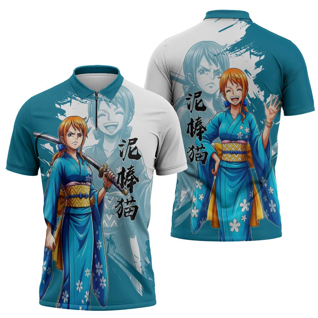 Wano Navigator Nami Zipper Polo Shirt Floral Kimono Anime Brush Art