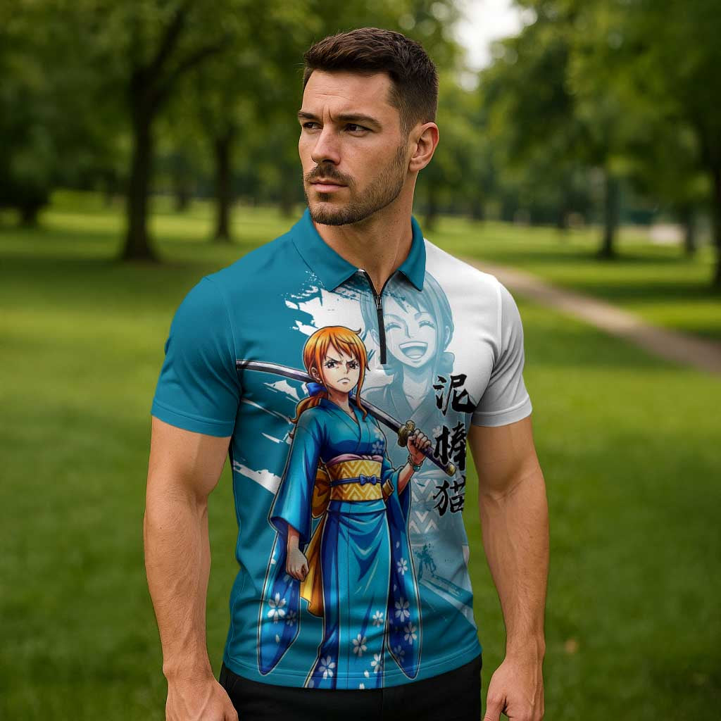 Wano Navigator Nami Zipper Polo Shirt Floral Kimono Anime Brush Art