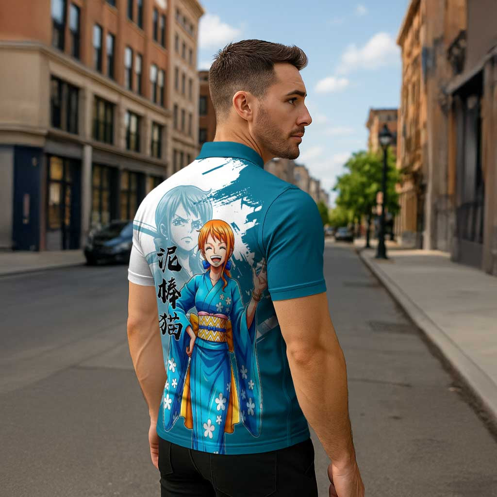 Wano Navigator Nami Zipper Polo Shirt Floral Kimono Anime Brush Art