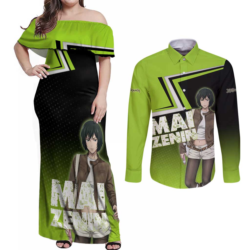 Mai Zenin Couples Matching Off Shoulder Maxi Dress and Long Sleeve Button Shirt Edgy Urban Anime Style
