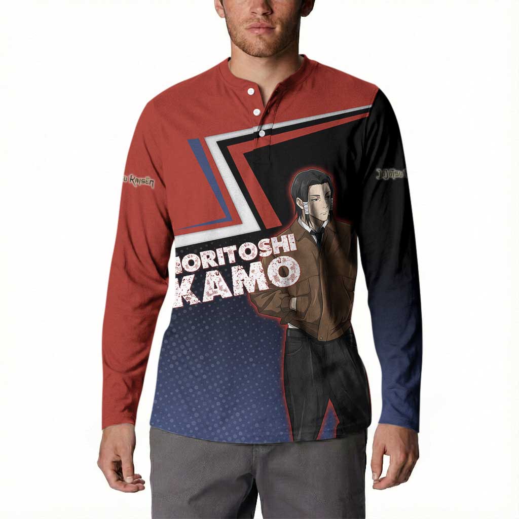 Noritoshi Kamo Button Sweatshirt Red and Navy Anime Style
