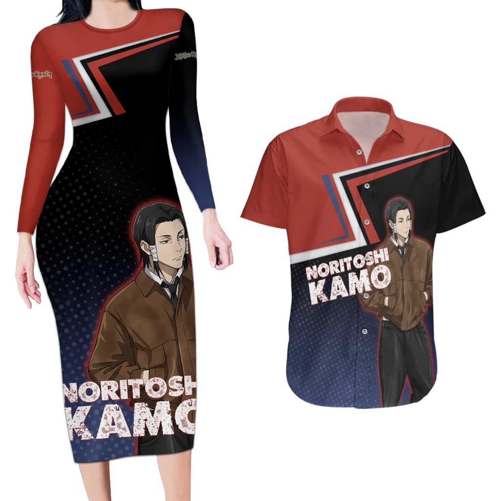 Noritoshi Kamo Couples Matching Long Sleeve Bodycon Dress and Hawaiian Shirt Red and Navy Anime Style