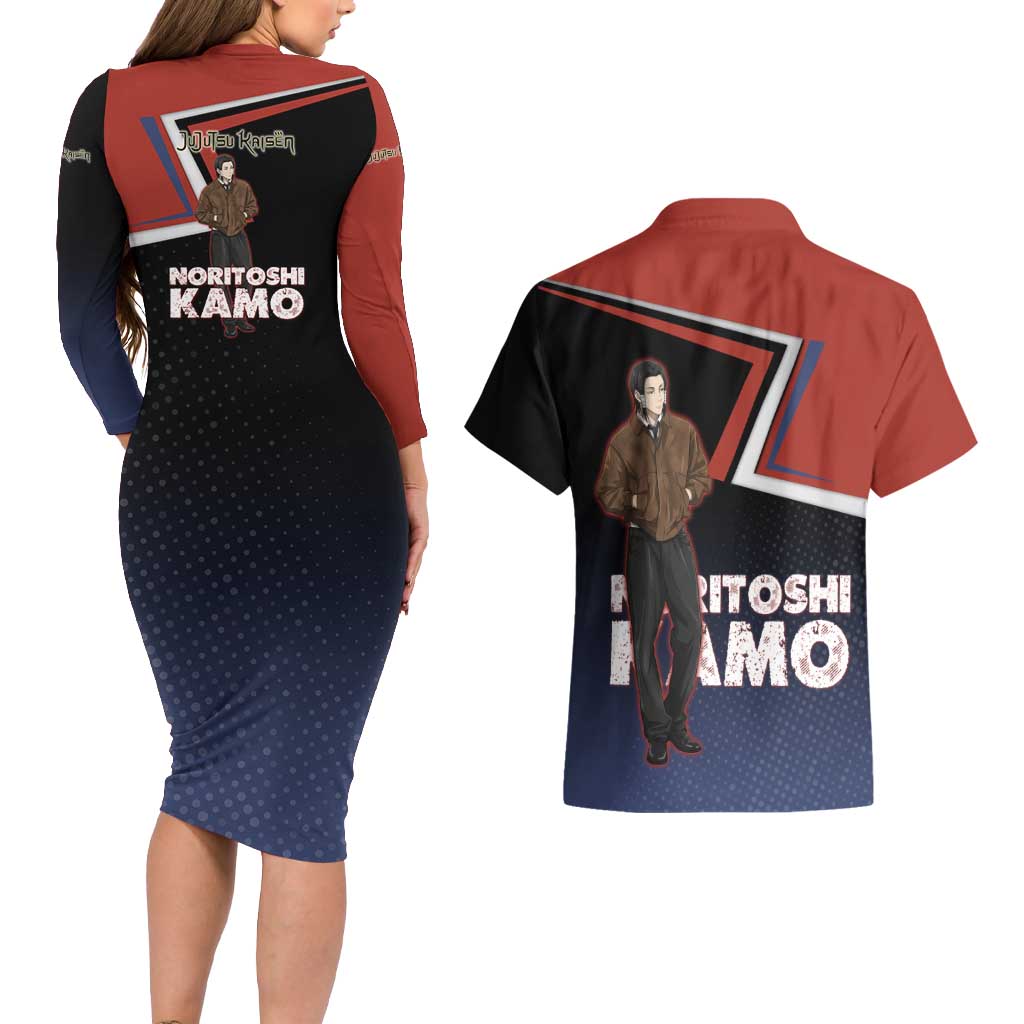 Noritoshi Kamo Couples Matching Long Sleeve Bodycon Dress and Hawaiian Shirt Red and Navy Anime Style