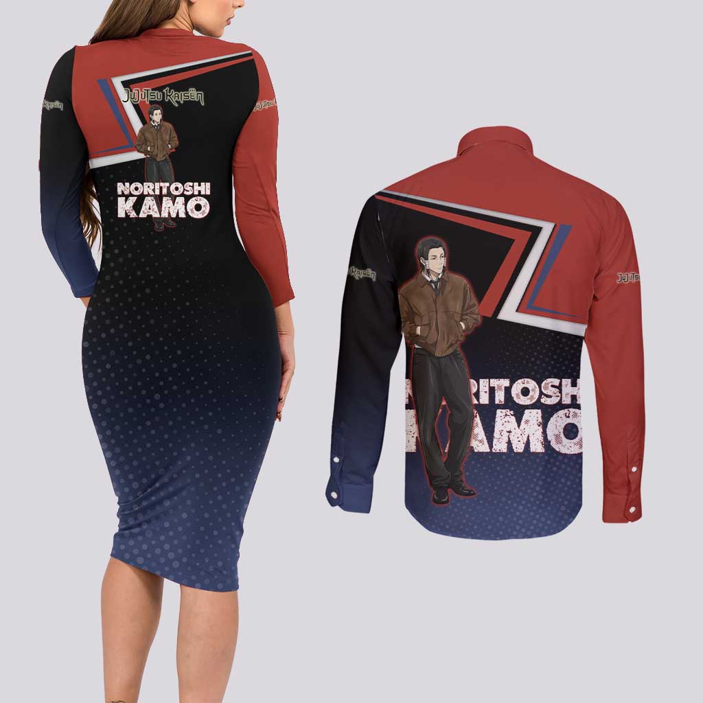 Noritoshi Kamo Couples Matching Long Sleeve Bodycon Dress and Long Sleeve Button Shirt Red and Navy Anime Style