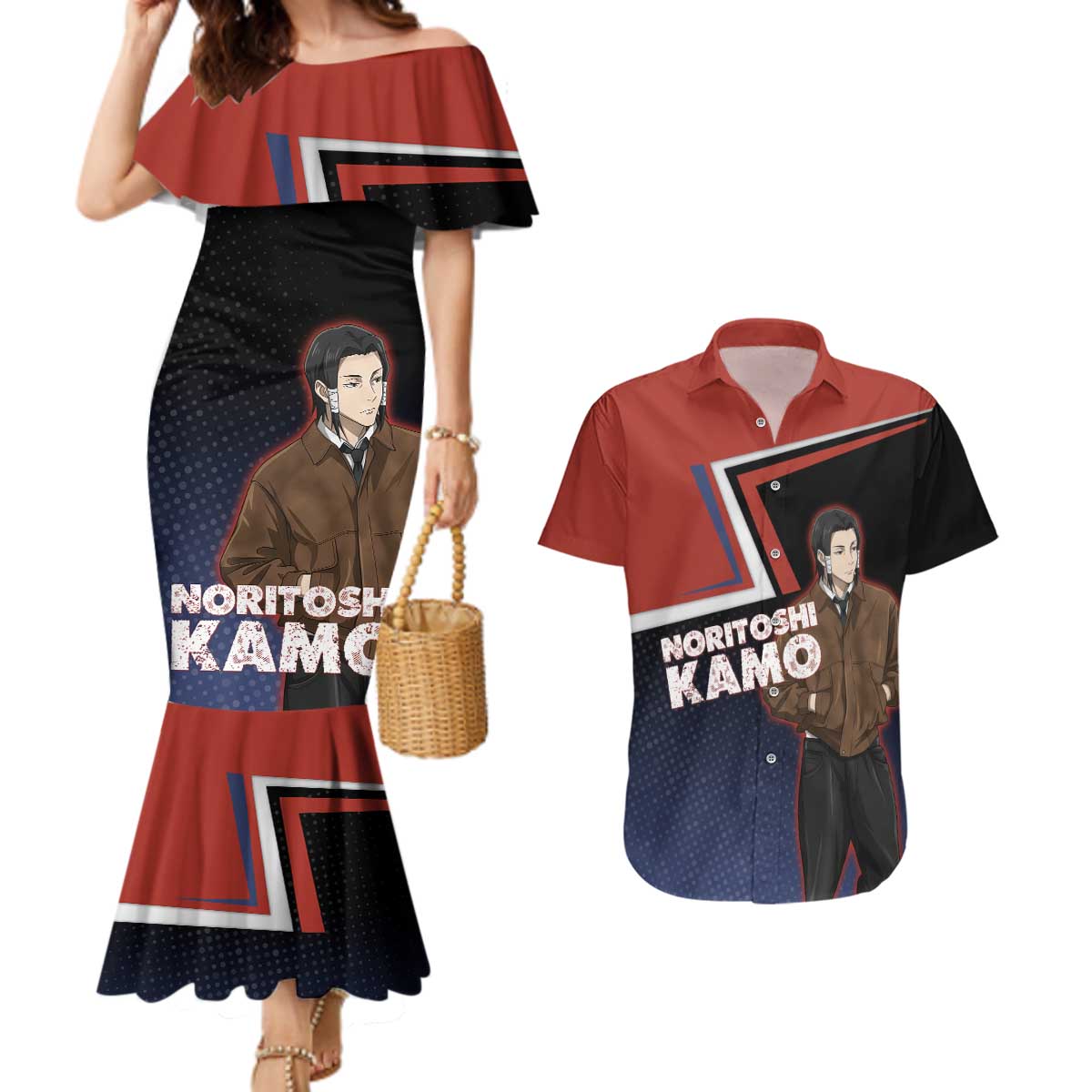 Noritoshi Kamo Couples Matching Mermaid Dress and Hawaiian Shirt Red and Navy Anime Style