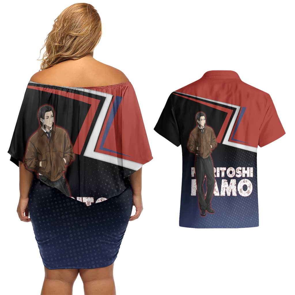 Noritoshi Kamo Couples Matching Off Shoulder Short Dress and Hawaiian Shirt Red and Navy Anime Style