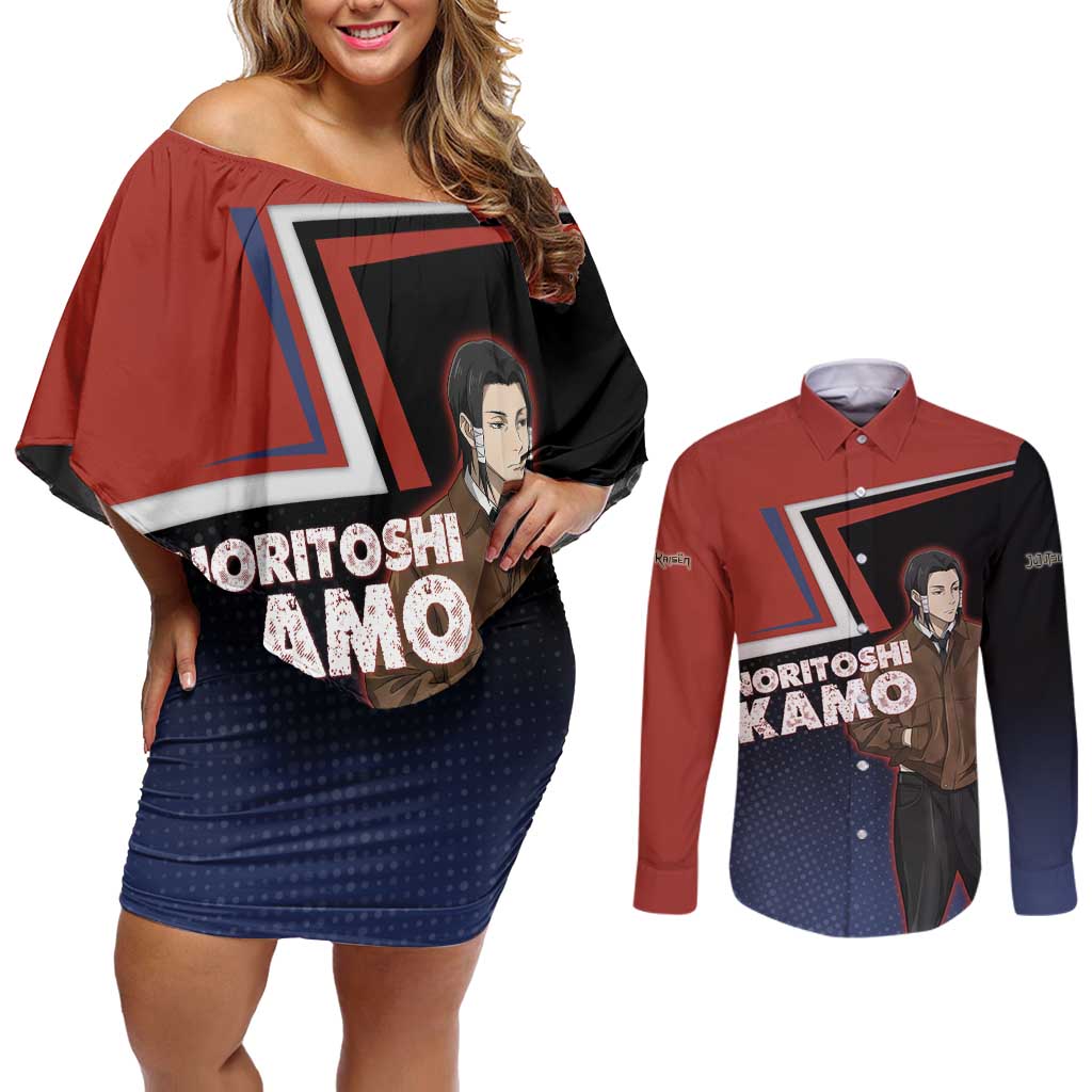 Noritoshi Kamo Couples Matching Off Shoulder Short Dress and Long Sleeve Button Shirt Red and Navy Anime Style