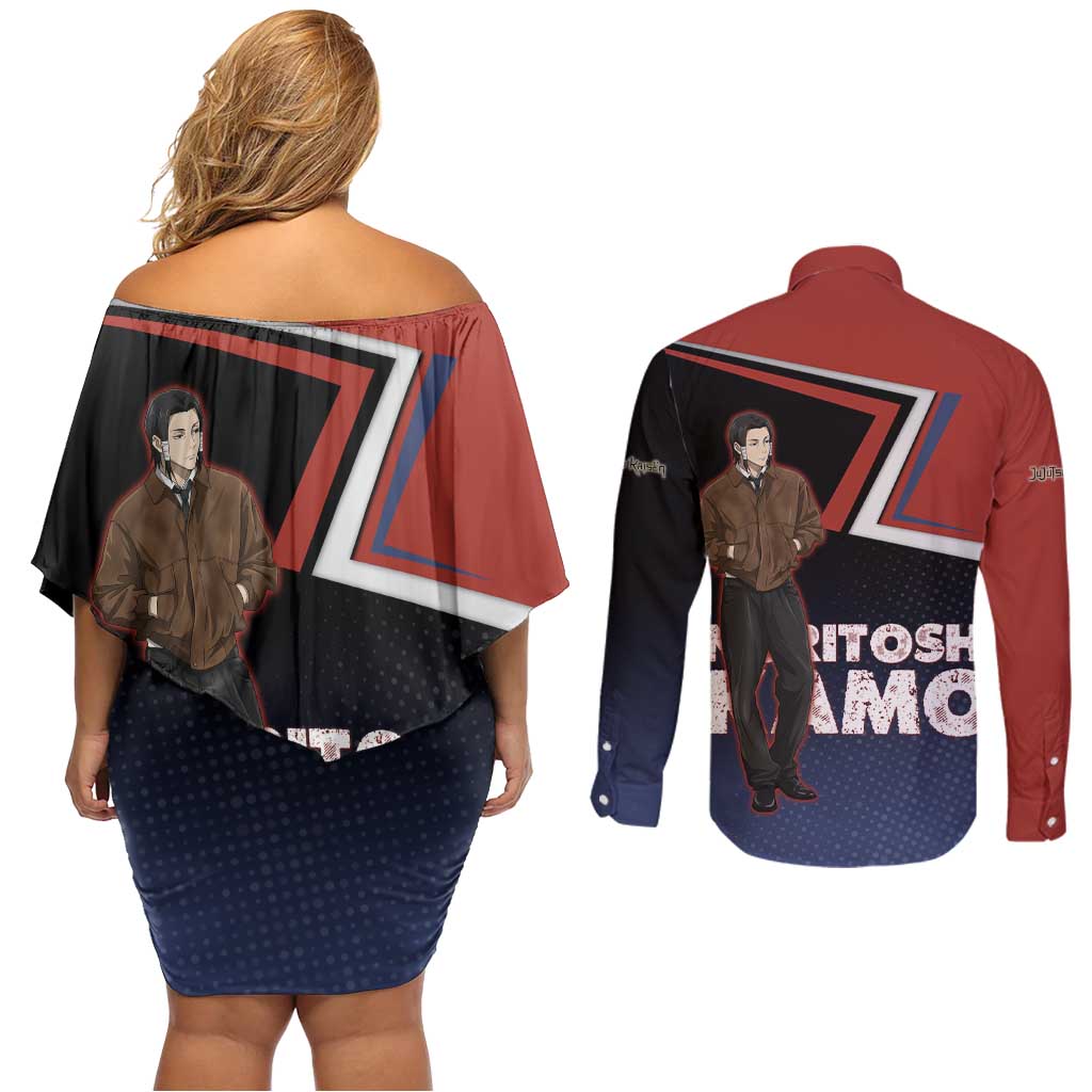 Noritoshi Kamo Couples Matching Off Shoulder Short Dress and Long Sleeve Button Shirt Red and Navy Anime Style