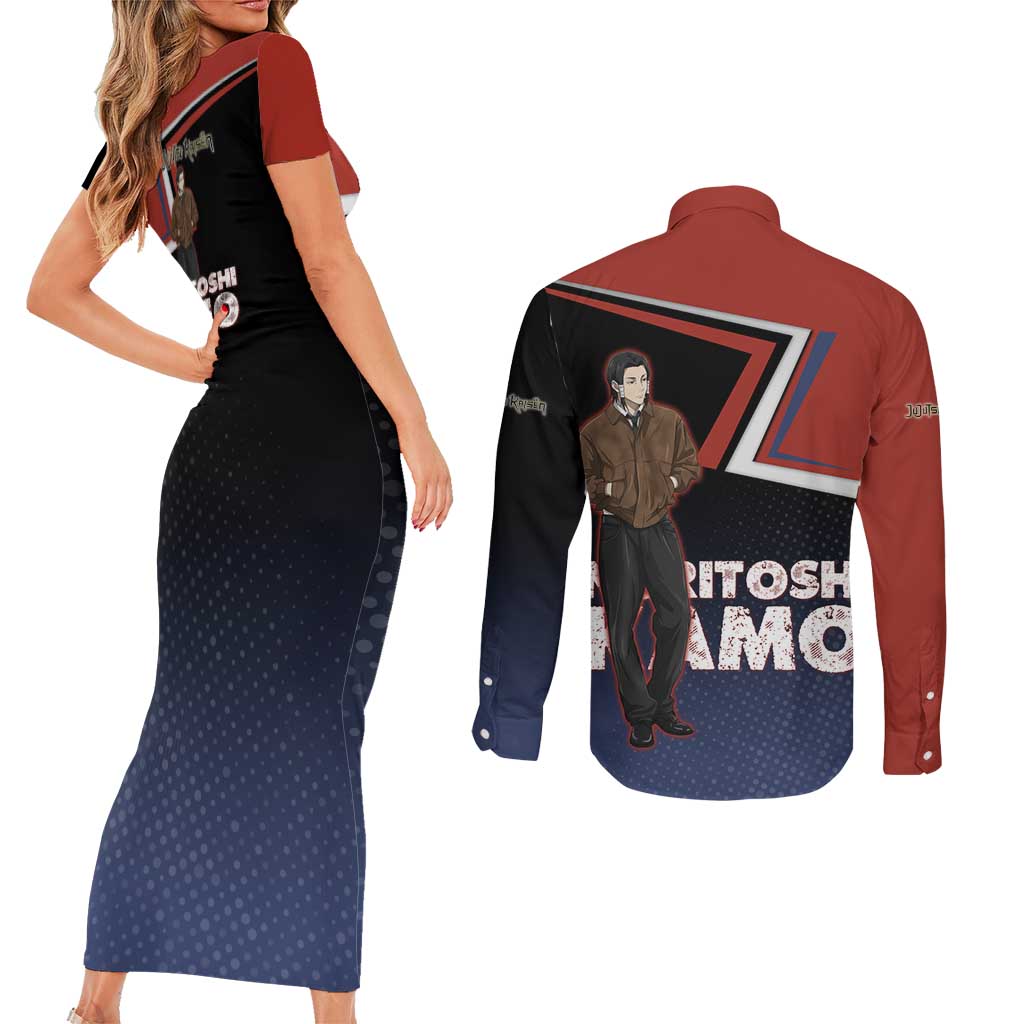 Noritoshi Kamo Couples Matching Short Sleeve Bodycon Dress and Long Sleeve Button Shirt Red and Navy Anime Style