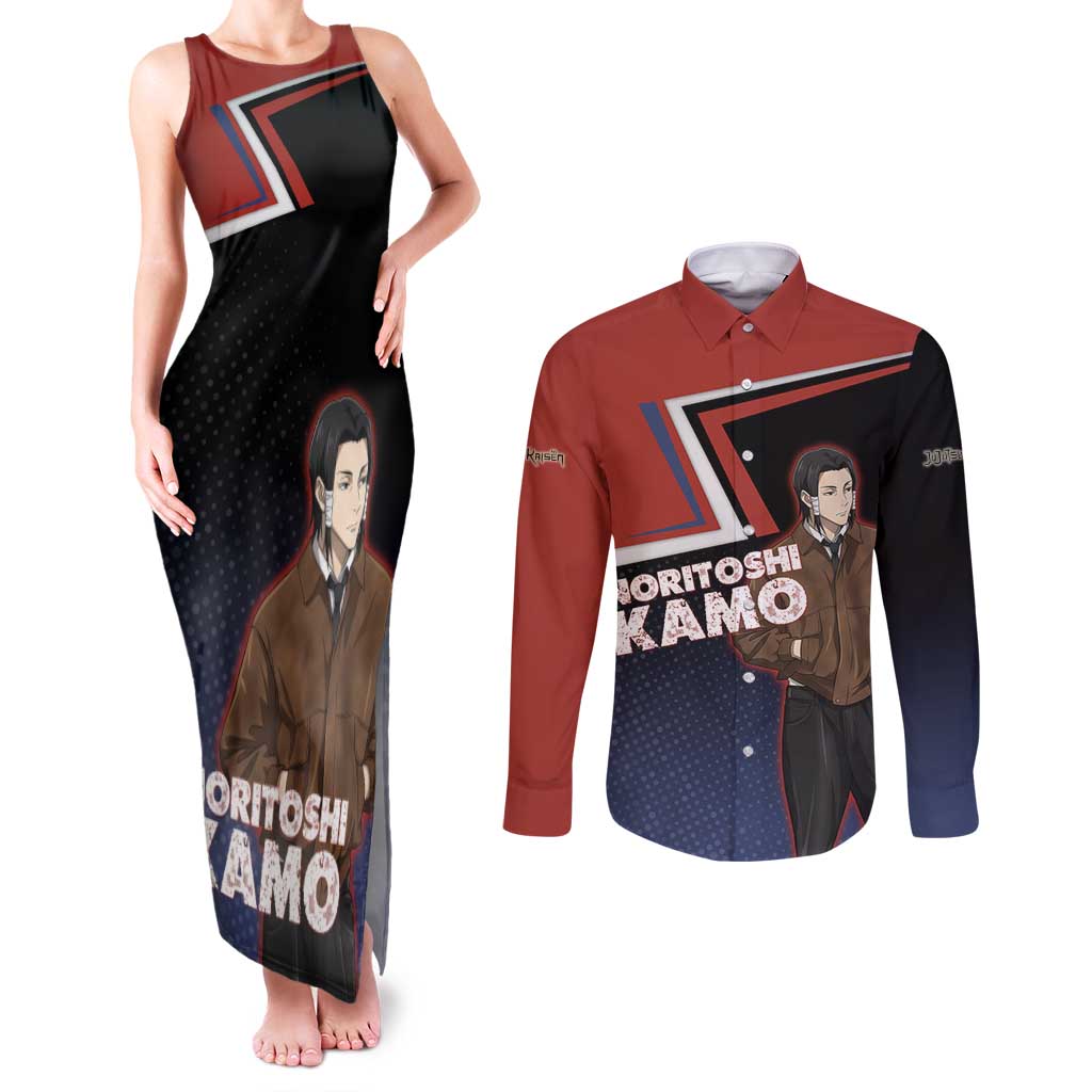 Noritoshi Kamo Couples Matching Tank Maxi Dress and Long Sleeve Button Shirt Red and Navy Anime Style