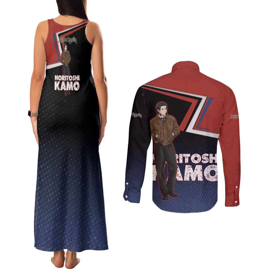 Noritoshi Kamo Couples Matching Tank Maxi Dress and Long Sleeve Button Shirt Red and Navy Anime Style