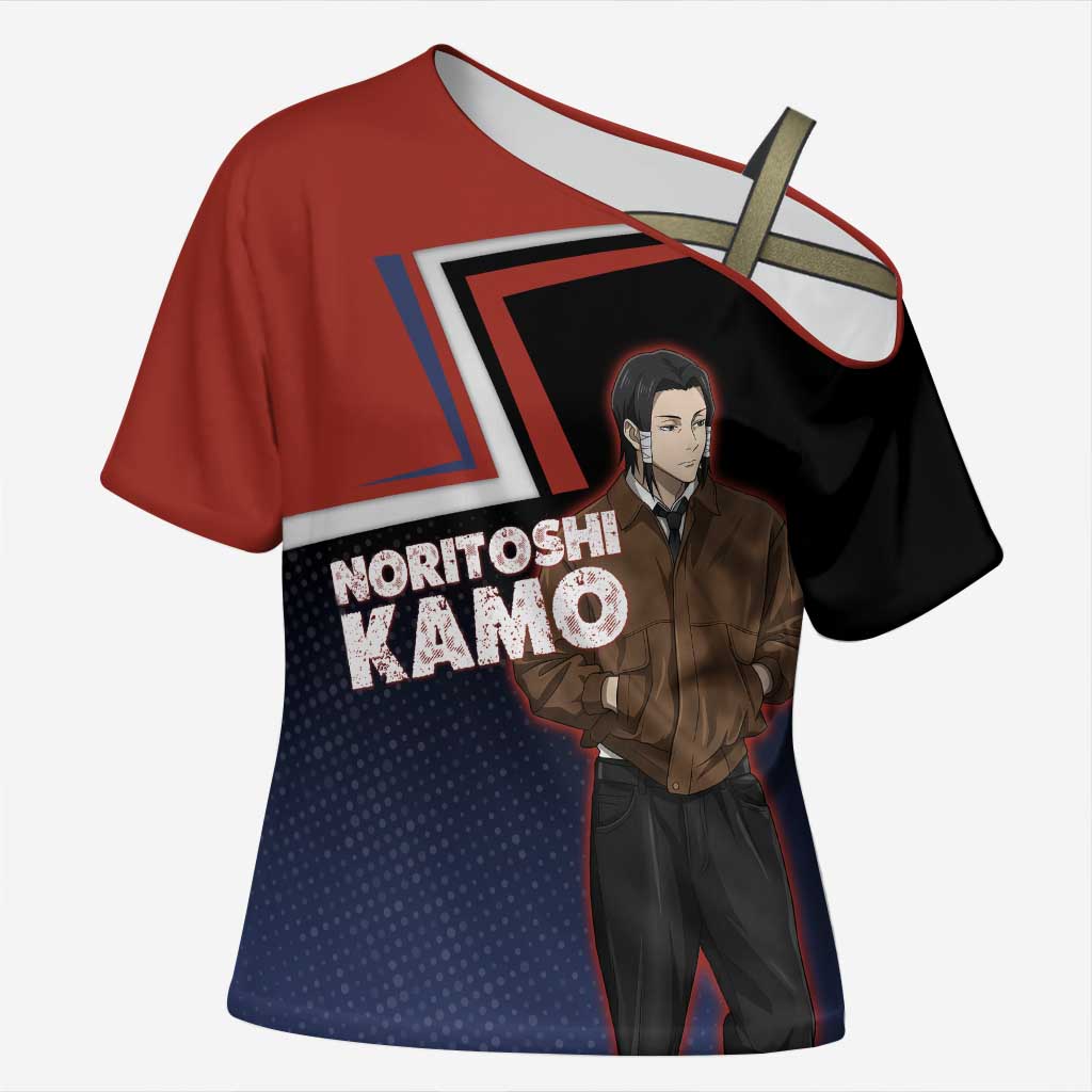 Noritoshi Kamo Cross Shoulder Shirt Red and Navy Anime Style