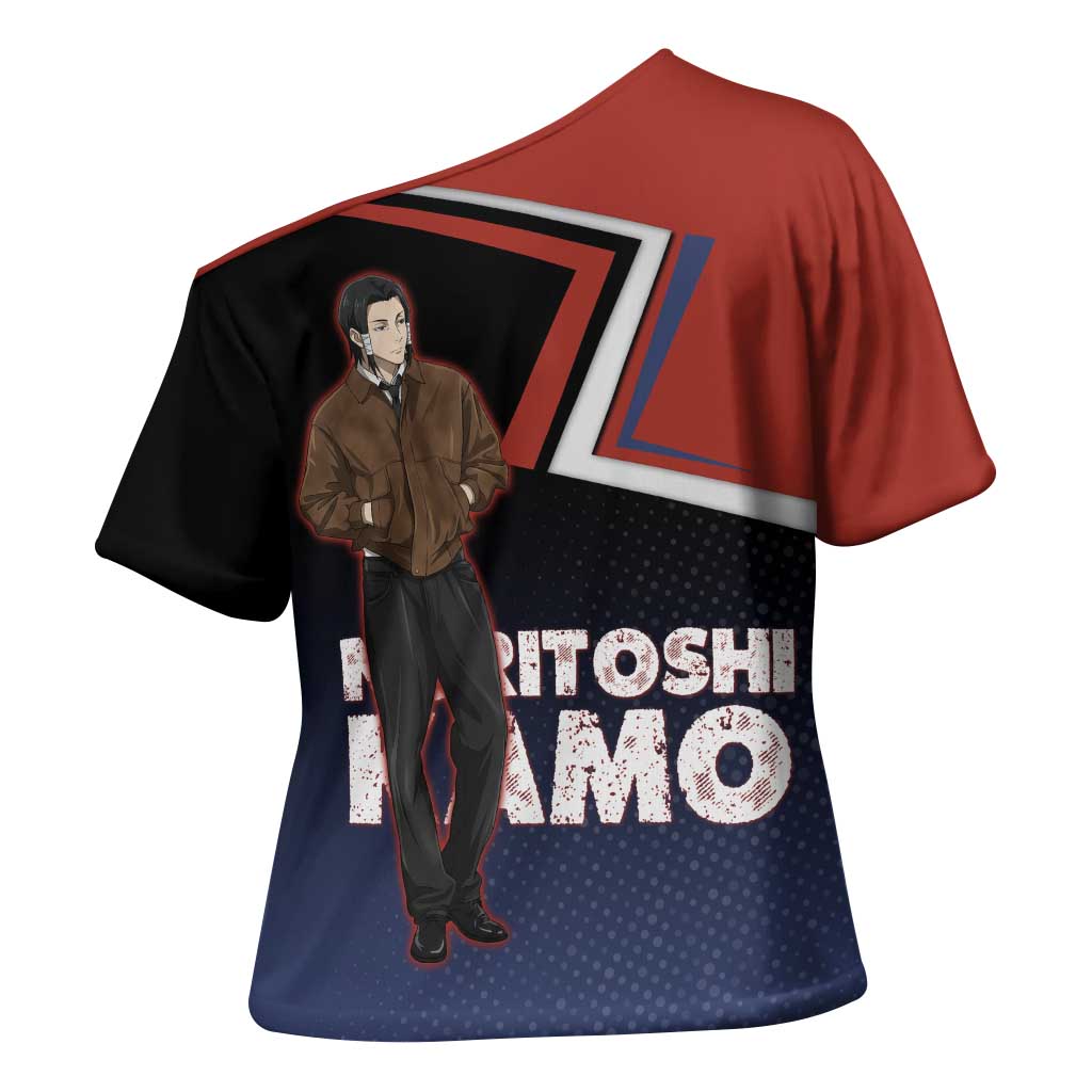 Noritoshi Kamo Cross Shoulder Shirt Red and Navy Anime Style