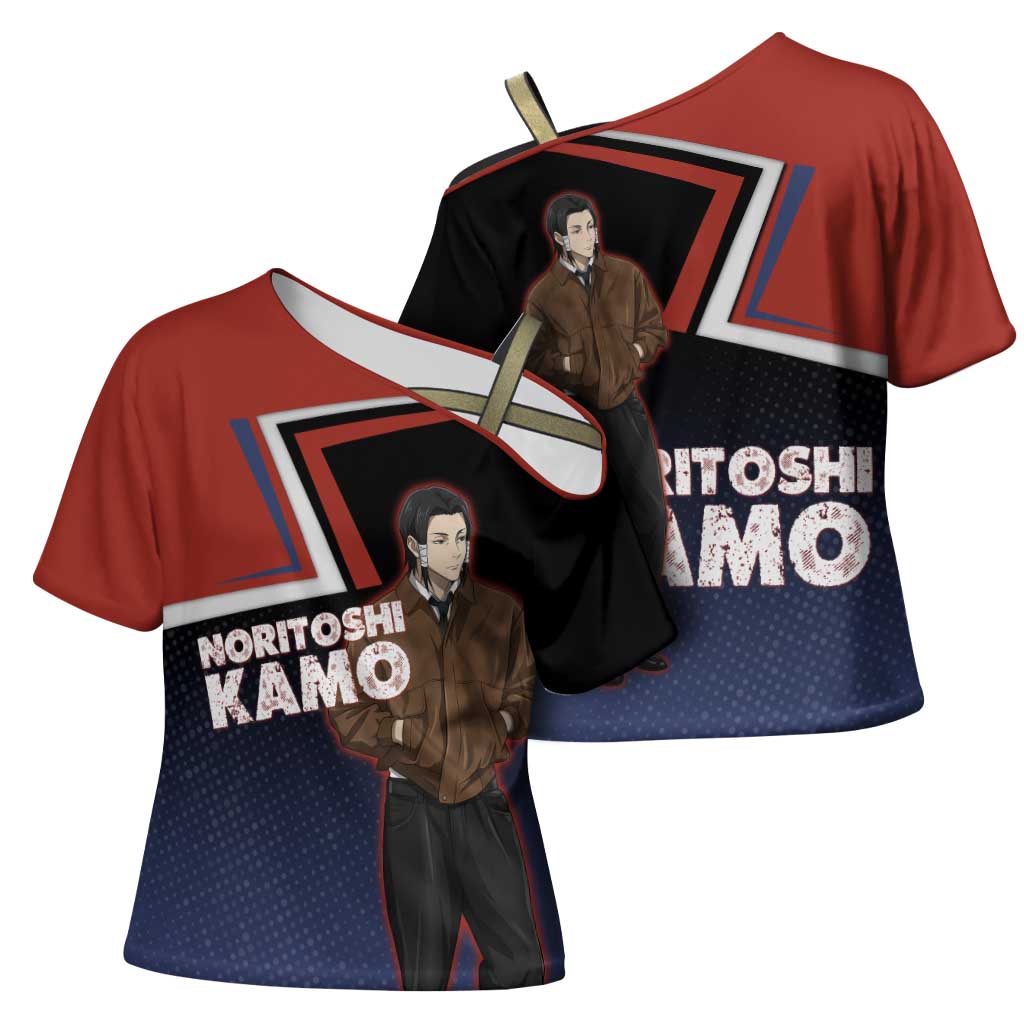 Noritoshi Kamo Cross Shoulder Shirt Red and Navy Anime Style