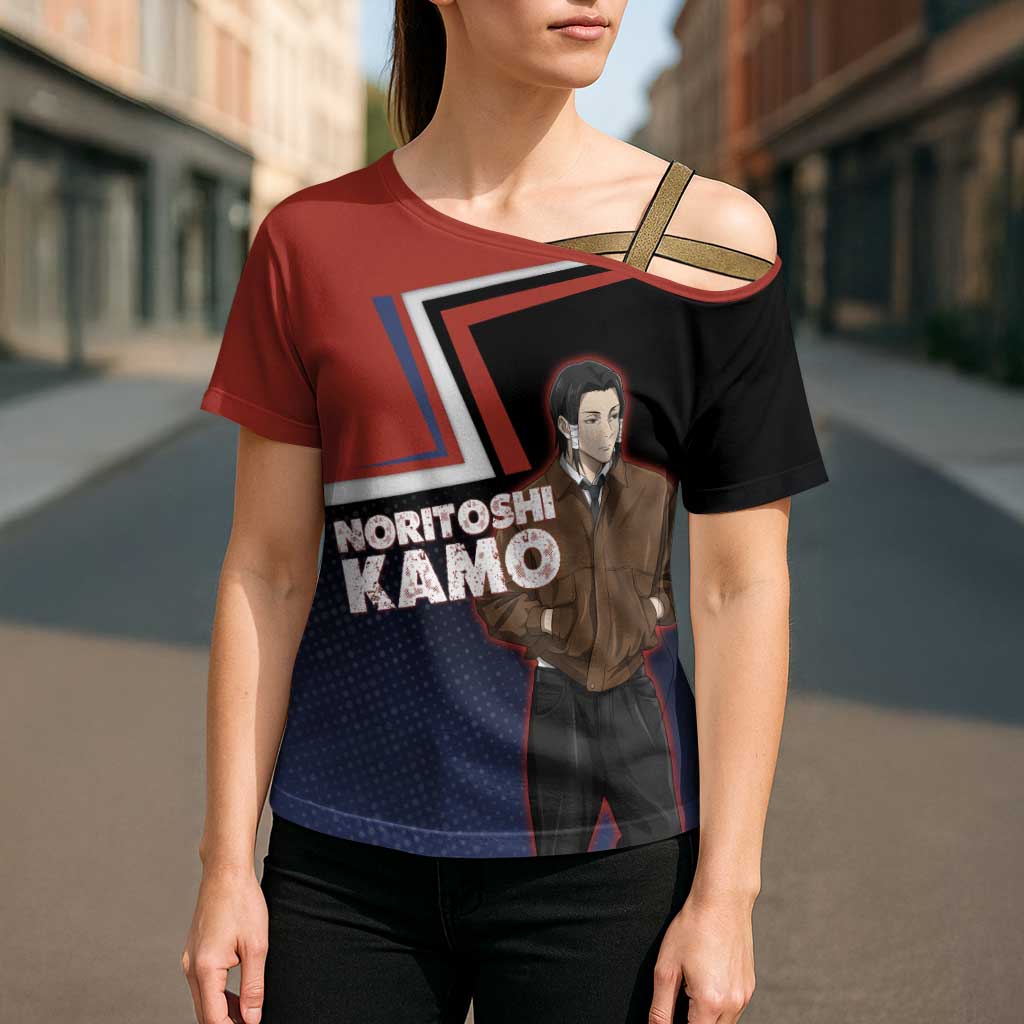 Noritoshi Kamo Cross Shoulder Shirt Red and Navy Anime Style