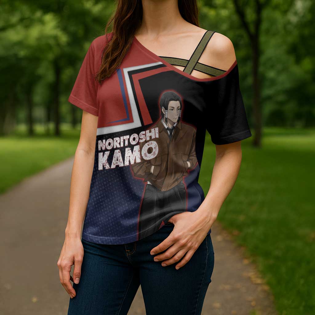 Noritoshi Kamo Cross Shoulder Shirt Red and Navy Anime Style