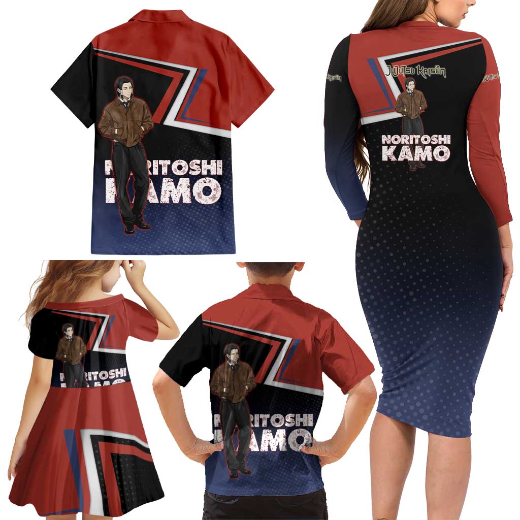 Noritoshi Kamo Family Matching Long Sleeve Bodycon Dress and Hawaiian Shirt Red and Navy Anime Style