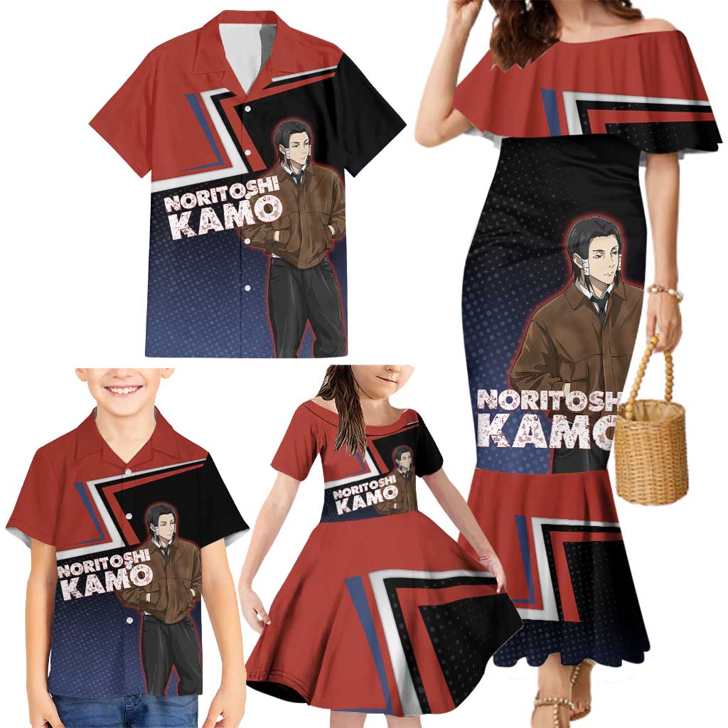 Noritoshi Kamo Family Matching Mermaid Dress and Hawaiian Shirt Red and Navy Anime Style