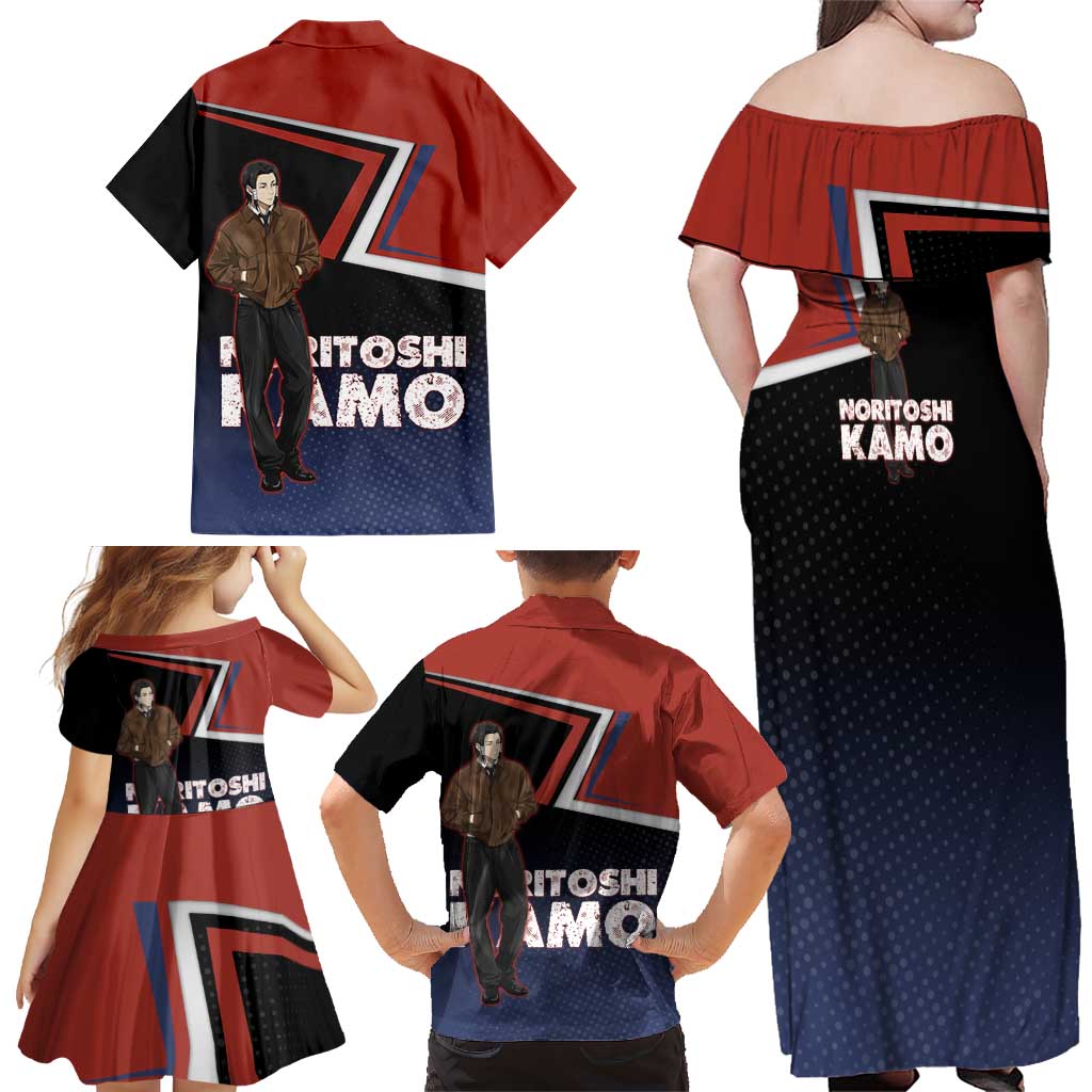 Noritoshi Kamo Family Matching Off Shoulder Maxi Dress and Hawaiian Shirt Red and Navy Anime Style