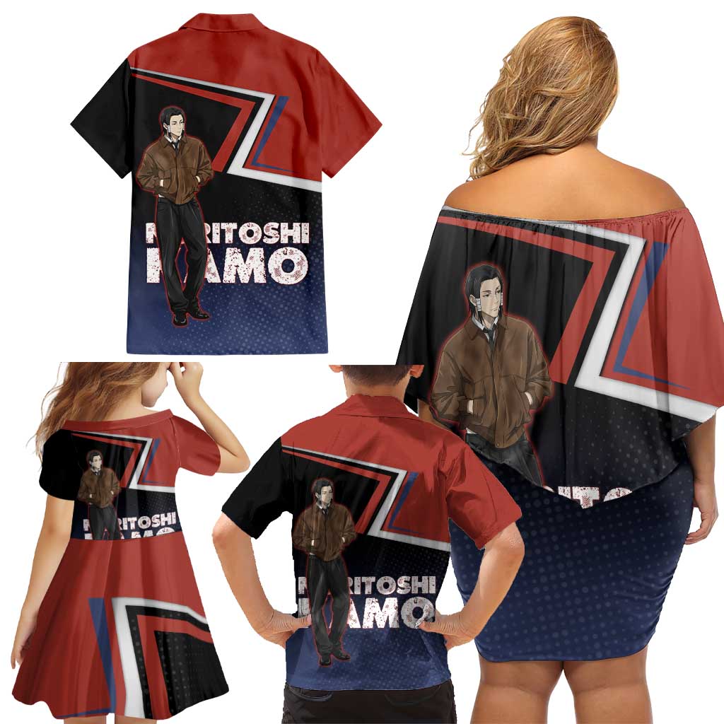 Noritoshi Kamo Family Matching Off Shoulder Short Dress and Hawaiian Shirt Red and Navy Anime Style