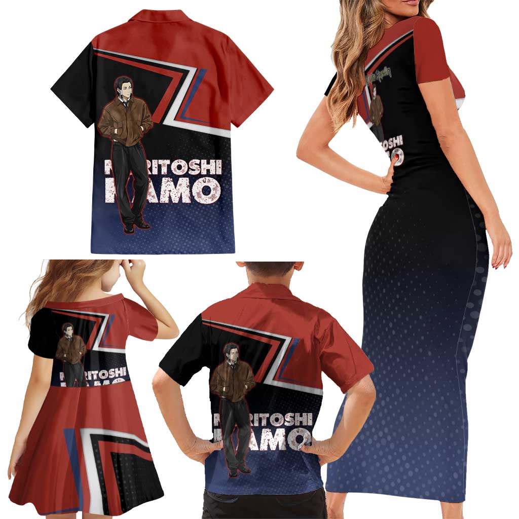 Noritoshi Kamo Family Matching Short Sleeve Bodycon Dress and Hawaiian Shirt Red and Navy Anime Style