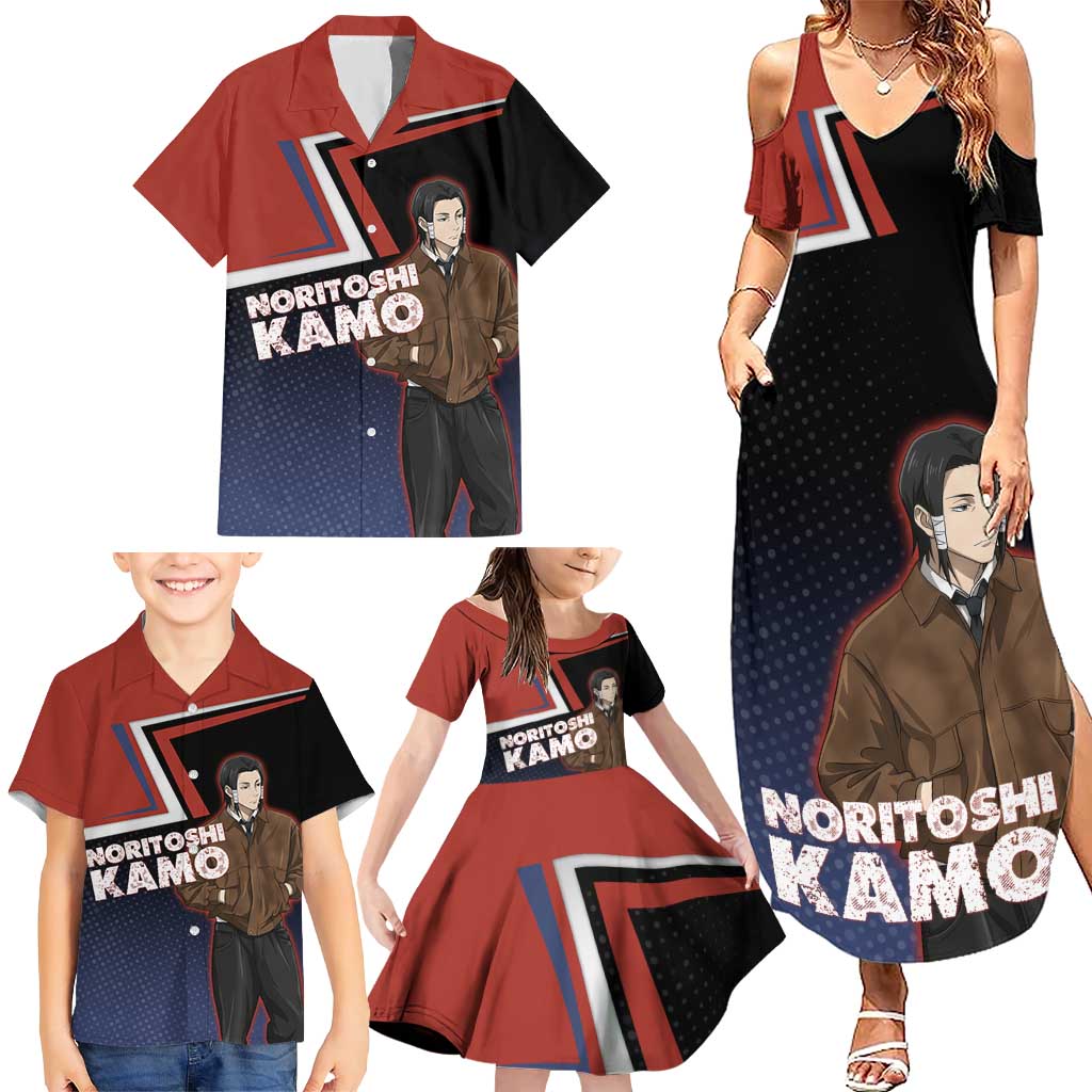 Noritoshi Kamo Family Matching Summer Maxi Dress and Hawaiian Shirt Red and Navy Anime Style