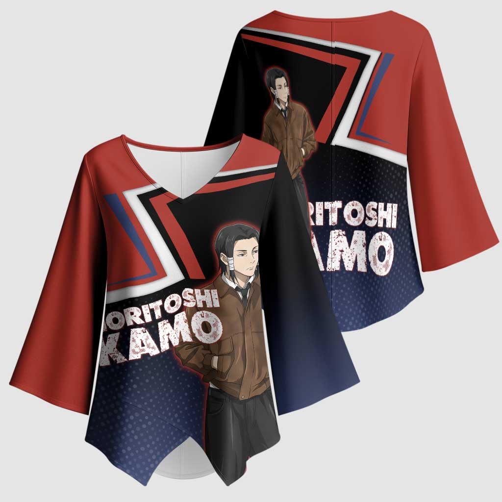 Noritoshi Kamo Kimono Sleeve Blouse Red and Navy Anime Style