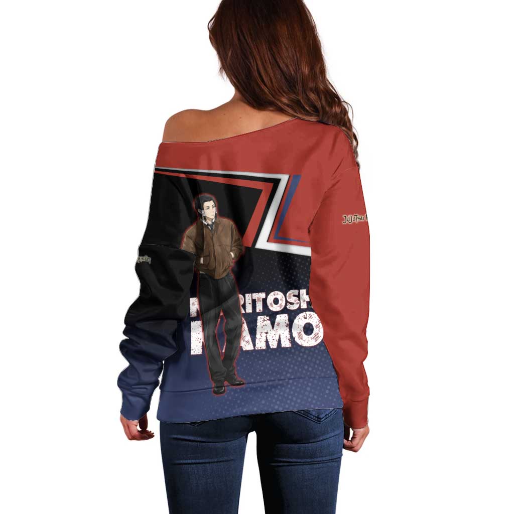 Noritoshi Kamo Off Shoulder Sweater Red and Navy Anime Style