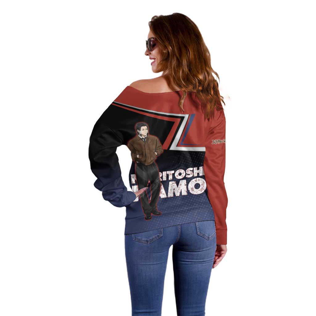 Noritoshi Kamo Off Shoulder Sweater Red and Navy Anime Style