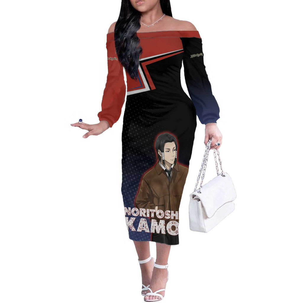 Noritoshi Kamo Off The Shoulder Long Sleeve Dress Red and Navy Anime Style