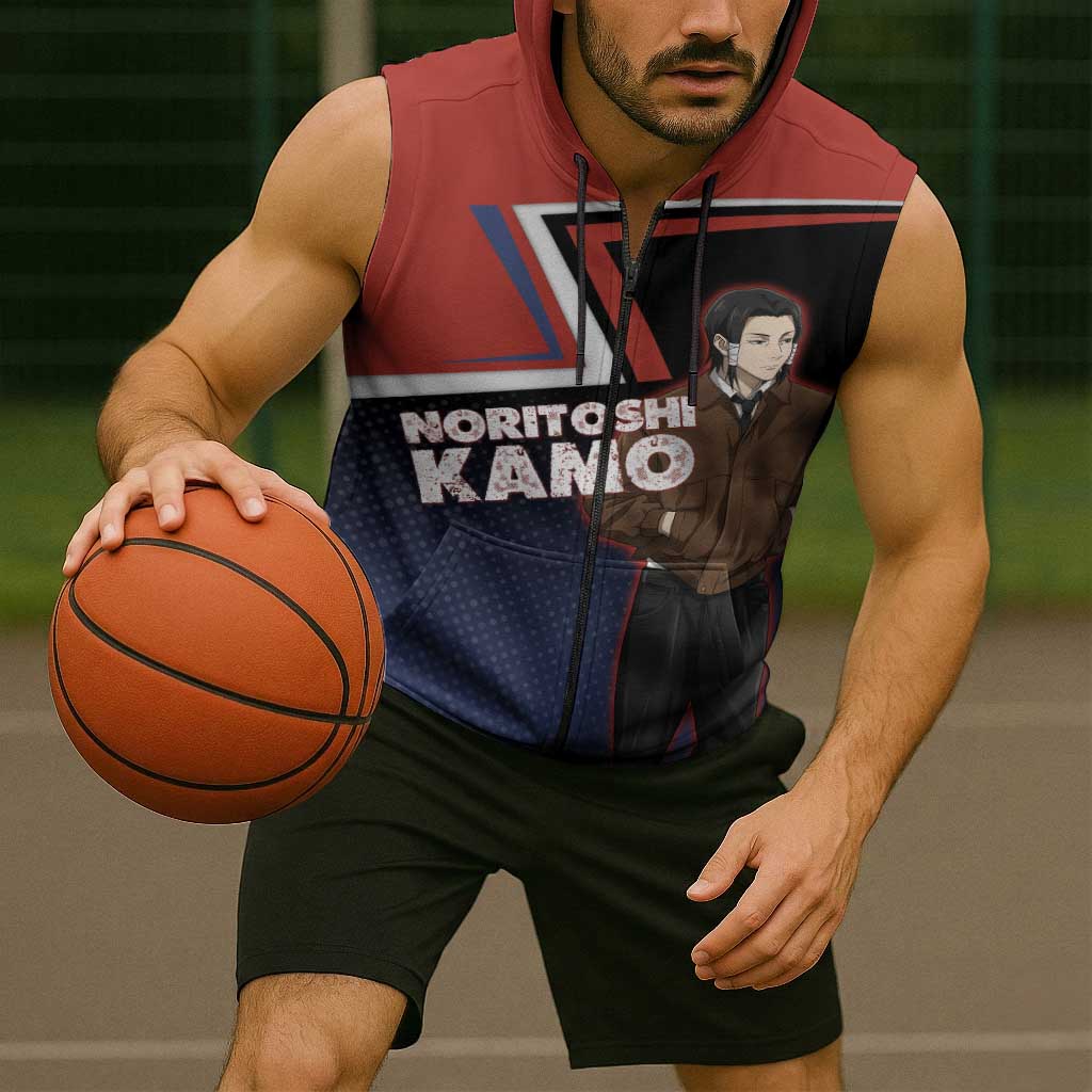 Noritoshi Kamo Sleeveless Zip Hoodie Red and Navy Anime Style