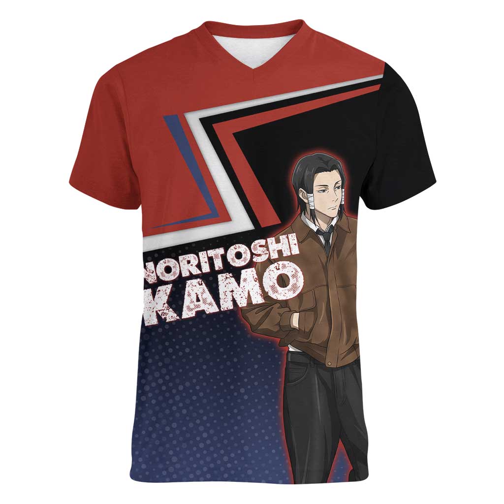 Noritoshi Kamo Women V-Neck T-Shirt Red and Navy Anime Style
