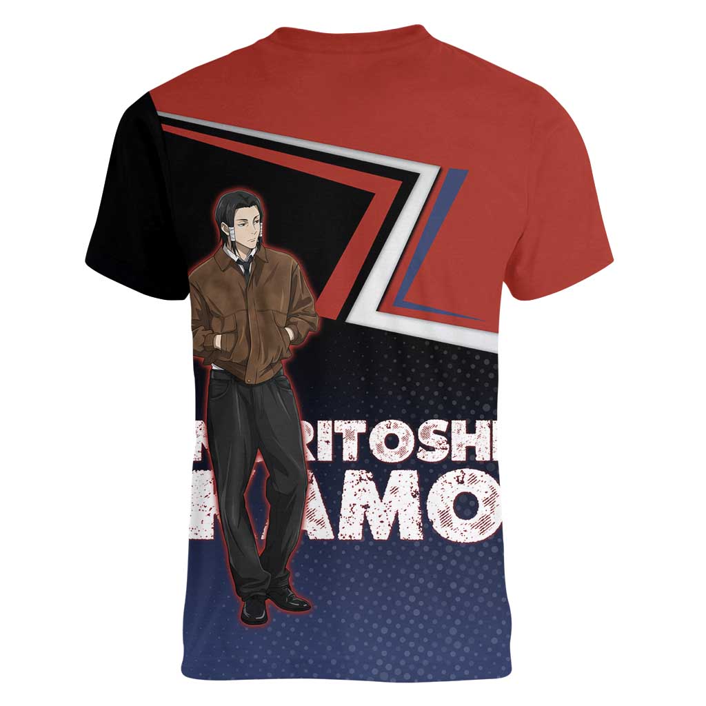 Noritoshi Kamo Women V-Neck T-Shirt Red and Navy Anime Style
